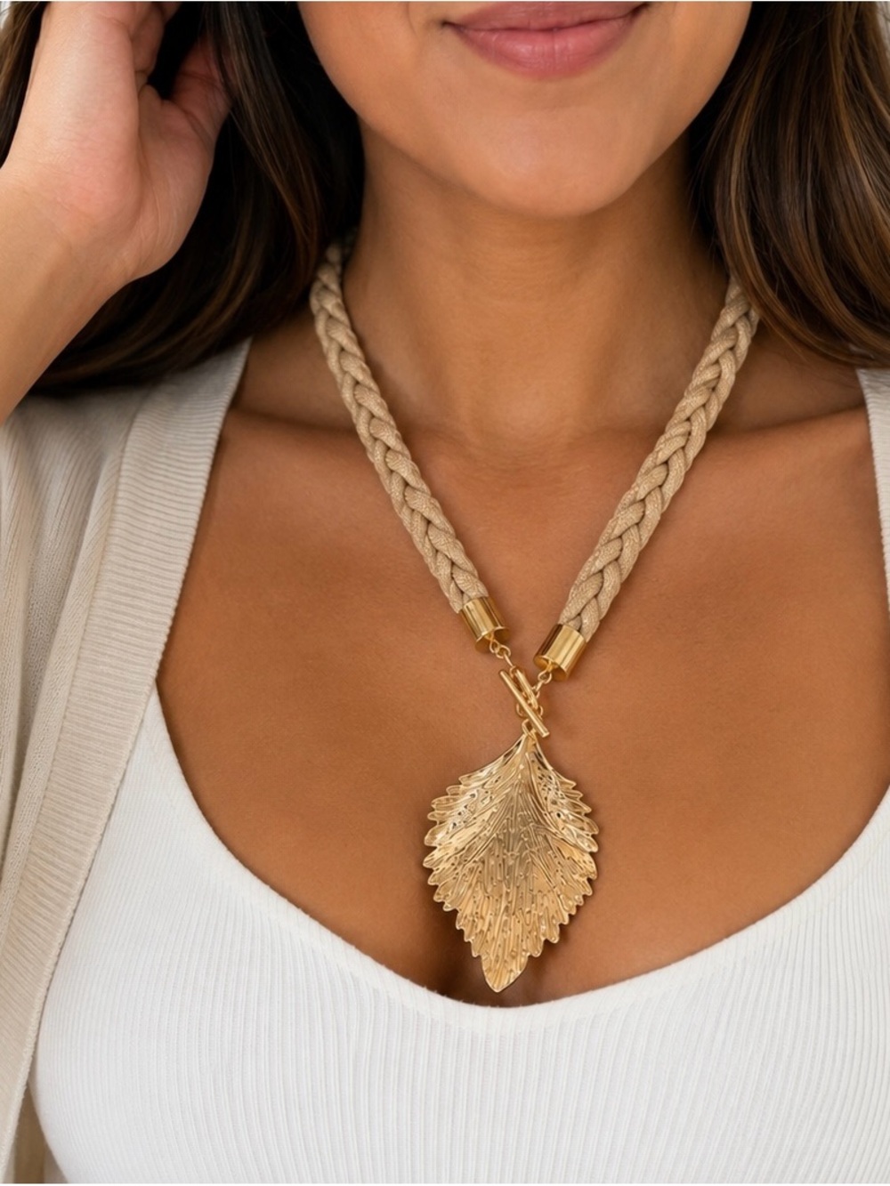 Braided Beige Cord Necklace with Gold Leaf Pendant